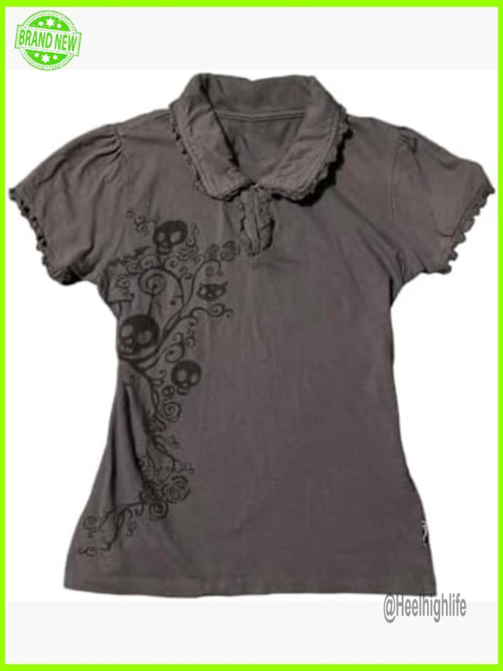 Skull Print Gothic Crop Polo Shirt Women Lace Trim Emo Tee Short Sleeve Grunge